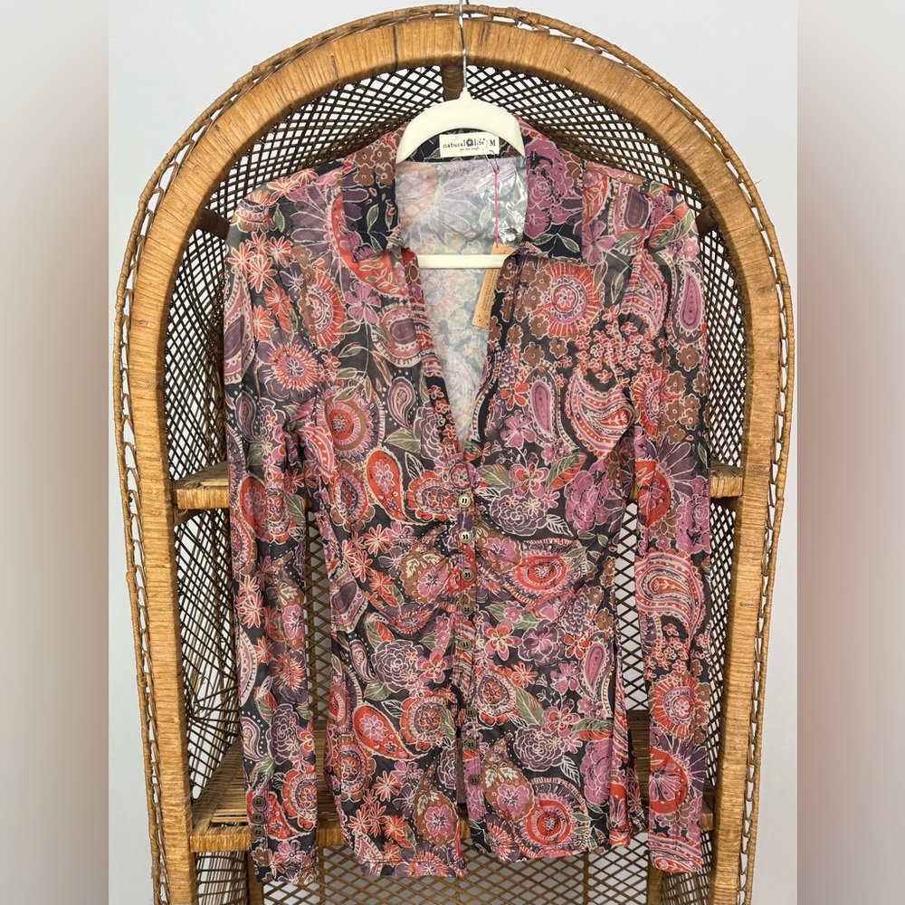 Natural Life Carina Mesh Top Black Sketched Paisley Long Sleeve Size XS NWT - Picture 4 of 9